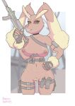  absurd_res anthro armed black_sclera breasts brown_body brown_fur bullet clothing damienkamien explosives eyebrows female fist fur generation_4_pokemon genitals gloves grenade gun handwear hi_res looking_at_viewer lopunny military nintendo nipples nude orange_eyes pink_nose pokemon pokemon_(species) pussy ranged_weapon rifle smile solo teeth video_games weapon yellow_body yellow_fur 