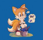  1boy aircraft airplane amazou animal_ears animal_nose blue_background blue_eyes commentary english_commentary fox_boy fox_cub fox_ears fox_tail furry furry_male gloves happy male_focus multiple_tails orange_fur paint paint_can paintbrush shoes simple_background solo sonic_(series) sonic_the_hedgehog symbol-only_commentary tail tails_(sonic) thought_bubble two_tails white_gloves 