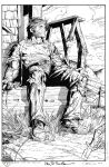  1boy claws cloud commentary english_commentary facial_hair greyscale hill knife male_focus marvel messy_hair monochrome official_art outdoors pants second-party_source sitting steve_mcniven torn_clothes western_comics_(style) wolverine x-men 