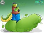  2022 absurd_res alligator alligatorid anthro belly big_belly big_feet bottomwear brok_(character) brok_the_investigator clothing crocodilian english_text feet foot_fetish green_body hat headgear headwear hi_res humanoid_hands male overweight overweight_male pants reptile scalie shirt sld64 solo text topwear video_games 