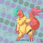  1:1 2022 absurd_res anthro archeops aztepyeen biped black_eyes blue_body bodily_fluids clitoris dialogue dotted_background english_text fan_character female fossil_pok&eacute;mon front_view generation_5_pokemon genital_fluids genitals hi_res holding_own_tail holding_tail multi_tone_body nintendo nude open_mouth pattern_background penetration pokemon pokemon_(species) pussy pussy_juice red_body sex_toy sex_toy_in_pussy sex_toy_insertion simple_background solo standing talking_to_viewer text thick_thighs vaginal vaginal_penetration vibrator vibrator_hip_strap vibrator_in_pussy video_games virgoah yellow_body 