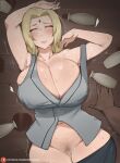  1boy 1girl alcohol arm_up armpits blonde_hair blush bob_(bobtheneet) bottle breasts censored closed_eyes closed_mouth dark-skinned_male dark_skin drunk highres huge_breasts lips lying mosaic_censoring naruto naruto_(series) navel on_back on_floor plump pov pov_hands pussy solo_focus sweat tsunade_(naruto) 