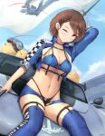  1girl arm_up azur_lane baltimore_(azur_lane) baltimore_(finish_line_flagbearer)_(azur_lane) bangs bikini bird black_bikini black_choker blue_bikini blue_footwear blue_headwear blue_jacket blue_shorts blue_sky blush boots braid breasts brown_hair car chest_harness chick choker cleavage cloud collarbone commentary cropped_jacket d.birb day french_braid groin ground_vehicle hair_between_eyes harness hat hat_removed headwear_removed highleg highleg_bikini highres holding holding_pole jacket looking_at_viewer manjuu_(azur_lane) medium_breasts micro_shorts mismatched_bikini motor_vehicle navel o-ring official_alternate_costume outdoors parted_lips pole race_queen race_vehicle racecar shadow short_hair shorts sidelocks signature sitting sitting_on_car sky smile stomach swimsuit thigh_boots underboob underbust white_background yellow_eyes 