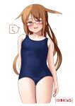  1girl blue_one-piece_swimsuit blush brown_hair collarbone embarrassed flat_chest highres ishida_arata kantai_collection long_hair mochizuki_(kancolle) one-piece_swimsuit red-framed_eyewear school_swimsuit solo swimsuit 