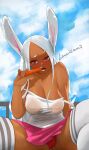  1girl animal_ears bangs bare_shoulders boku_no_hero_academia breasts carrot cleavage cloud cloudy_sky collarbone covered_nipples dark-skinned_female dark_skin eating food food_in_mouth highres holding holding_food holding_vegetable large_breasts long_eyelashes long_hair looking_at_viewer lucisam mirko nipple_bar nipple_piercing no_bra off_shoulder open_mouth panties parted_bangs piercing pink_skirt rabbit_ears rabbit_girl raised_eyebrows red_eyes red_panties see-through see-through_shirt signature sitting skirt sky solo tank_top thick_thighs thighhighs thighs underwear vegetable white_hair white_tank_top white_thighhighs 