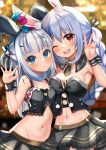  2girls ;d absurdres animal_ear_fluff animal_ears bangs bare_shoulders black_camisole black_hairband black_skirt blue_hair blurry blurry_background braid breasts bunny-shaped_pupils camisole cleavage commentary_request crop_top depth_of_field fake_animal_ears gawr_gura grey_hair hair_between_eyes hair_ornament hairband hand_up highres hololive hololive_english long_hair lydia601304 medium_breasts multicolored_hair multiple_girls navel one_eye_closed pleated_skirt rabbit_ears red_eyes short_eyebrows skirt small_breasts smile streaked_hair symbol-shaped_pupils teeth thick_eyebrows twin_braids twintails two-tone_hair two_side_up upper_teeth usada_pekora v very_long_hair virtual_youtuber white_hair wrist_cuffs x_hair_ornament 
