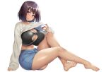  1girl absurdres arm_support bangs barefoot blush breast_press breasts brown_hair buttons cleavage cleavage_cutout closed_mouth clothing_cutout collarbone controller fingernails full_body hand_up highres holding huge_breasts joystick knees_up lifted_by_self lips long_sleeves looking_at_viewer navel original purple_eyes raidon shiny shiny_hair shiny_skin short_hair shorts simple_background sitting sleeves_past_wrists smile solo sports_bra stomach sweater thighs toes white_background 