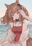  1girl absurdres angelina_(arknights) angelina_(summer_flowers)_(arknights) animal_ears aogisa arknights bangs beach blush breasts brown_hair casual_one-piece_swimsuit chain commentary_request day earpiece fox_ears fox_girl fox_tail hair_ribbon highres infection_monitor_(arknights) jewelry long_hair looking_at_viewer medium_breasts necklace ocean official_alternate_costume one-piece_swimsuit outdoors parted_lips pink_eyes pov pov_hands red_one-piece_swimsuit red_ribbon ribbon sky solo_focus swimsuit swimsuit_cover-up tail twintails water 