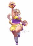  1girl akina_bbw animal_ear_fluff animal_ears arm_up armpits bangle bangs blonde_hair blush bracelet breasts character_request cheerleader commentary_request copyright_request gyaru hair_between_eyes hair_ornament heart highres jewelry kneehighs kogal large_breasts looking_at_viewer loose_socks midriff_peek muffin_top open_mouth outstretched_arms pleated_skirt plump pom_pom_(cheerleading) purple_footwear signature simple_background skirt socks solo standing standing_on_one_leg tail tan thick_thighs thighs tsurime twitter_username white_background yellow_eyes yellow_skirt 