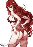  1girl ass ass_focus bangs breasts cordelia_(fire_emblem) fire_emblem fire_emblem_awakening garter_straps hair_between_eyes hair_ornament long_hair looking_at_viewer looking_back mina_cream panties red_eyes red_hair small_breasts smile solo thighhighs thighs underwear very_long_hair white_background 