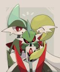  a-nya arm_blade black_sclera blush bob_cut colored_sclera colored_skin gallade gardevoir green_skin group_hug hair_over_one_eye highres hug iron_valiant joints mohawk multicolored_skin no_humans no_mouth pokemon pokemon_(creature) red_eyes robot_joints two-tone_skin upper_body weapon white_skin 