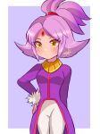  1girl arm_behind_back bangs blaze_the_cat blush coat cowboy_shot eyelashes forehead_jewel fur_trim hand_on_hip highres humanization long_hair looking_at_viewer nonoworks pants parted_bangs ponytail purple_coat purple_hair signature solo sonic_(series) white_pants yellow_eyes 