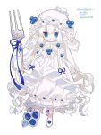  1girl alcremie alcremie_(berry_sweet) alcremie_(salted_cream) beads blue_eyes blueberry_hair_ornament bow commentary detached_sleeves dress food-themed_hair_ornament fork frilled_dress frills full_body hair_beads hair_ornament hair_rings hat hibi89 holding holding_fork long_hair long_sleeves mob_cap personification pokemon simple_background solo symbol-only_commentary very_long_hair white_background white_bow white_dress white_hair white_headwear 