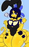  anthro arbok blue_eyes blue_hair bow_ribbon breasts bunny_costume clothing costume english_text female generation_1_pokemon hair hi_res lewdchuu_(artist) nintendo pokemon pokemon_(species) shiny_pokemon simple_background solo tattoo text video_games yellow_body 