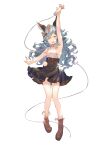  1girl absurdres animal_ears arm_up black_skirt blue_hair boots brown_footwear cable commentary erune ferry_(granblue_fantasy) flower flower_wreath full_body granblue_fantasy hair_flower hair_ornament high-waist_skirt highres holding holding_microphone leon_v long_hair looking_at_viewer microphone open_mouth shirt simple_background sketch skirt sleeveless sleeveless_shirt smile solo symbol-only_commentary wavy_hair white_background wreath yellow_eyes 
