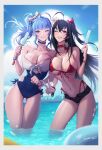  2girls absurdres ahoge azur_lane bangs bikini black_hair blue_hair bow breasts choker citemer cleavage crossed_bangs food hair_bow highres large_breasts long_hair multiple_girls ocean one-piece_swimsuit popsicle purple_eyes red_bikini red_eyes short_shorts shorts side_ponytail smile st._louis_(azur_lane) swimsuit taihou_(azur_lane) 