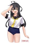  1girl ahoge artist_name ass_visible_through_thighs black_hair black_sailor_collar blue_one-piece_swimsuit cowboy_shot crescent crescent_pin highres ishida_arata kantai_collection long_hair looking_at_viewer mikazuki_(kancolle) neckerchief open_mouth sailor_collar salute school_swimsuit school_uniform serafuku shirt short_sleeves simple_background smile solo swimsuit swimsuit_under_clothes white_background white_shirt yellow_eyes yellow_neckerchief 