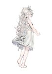  1girl absurdres antenna_hair bare_shoulders barefoot blue_eyes commentary dress full_body hair_between_eyes hand_on_own_arm highres leon_v long_hair looking_at_viewer looking_back original simple_background sketch sleeveless sleeveless_dress solo wavy_hair white_background white_dress white_hair 