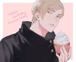  1boy black_shirt blonde_hair brown_eyes character_name collared_shirt cupcake english_text food happy_birthday holding holding_food icing jujutsu_kaisen jujutsu_tech_uniform long_sleeves looking_at_viewer lovemycat18 male_focus nanami_kento parted_lips shirt short_hair solo upper_body 