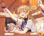  3girls alcohol beer beer_mug blue_necktie blush braid closed_eyes cup drinking_glass drunk grey_hair holding holding_cup kantai_collection light_brown_hair long_hair mitsuyo_(mituyo324) mug multiple_girls necktie nude open_mouth plate pola_(kancolle) ranger_(kancolle) short_sleeves sleeping smile wine wine_glass 