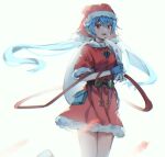  1girl alternate_hair_length alternate_hairstyle belt blue_gloves blue_hair english_commentary fur_trim gloves haniyasushin_keiki hat holly looking_at_viewer open_mouth red_eyes red_headwear sack santa_costume santa_hat short_hair simple_background solo standing touhou white_background xiebaowang 