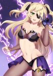  1girl :d black_pantyhose black_ribbon blonde_hair breasts eyepatch fischl_(genshin_impact) genshin_impact green_eyes hair_ribbon highres justsyl long_hair medium_breasts navel pantyhose ribbon smile solo standing twitter_username two_side_up v 