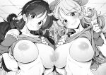  2girls asymmetrical_docking breast_press breasts clenched_teeth closed_mouth clothes_lift commentary_request dragon_ball dragon_ball_(classic) dual_persona fingerless_gloves gloves greyscale hairband large_breasts lifted_by_self long_hair looking_at_viewer lunch_(dragon_ball) monochrome multiple_girls nipples shirokuma_(nankyoku) shirt_lift smile teeth upper_body 