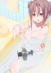  1girl :o absurdres alternate_hairstyle bare_shoulders bathing bathtub blush breasts brown_eyes brown_hair convenient_censoring double_bun fairy_(kancolle) feet_out_of_frame from_above hair_bun highres kantai_collection long_hair looking_at_viewer looking_up natsuki_(gedo) small_breasts toy_airplane zuihou_(kancolle) 