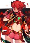  1girl aegis_sword_(xenoblade) ass back bangs black_gloves breasts earrings fingerless_gloves gloves hungry_clicker jewelry large_breasts midriff open_mouth pyra_(xenoblade) red_eyes red_hair red_shorts short_hair short_shorts shorts solo swept_bangs sword thighs tiara weapon xenoblade_chronicles_(series) xenoblade_chronicles_2 