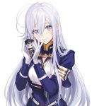  1girl 86_-eightysix- bangs doll gloves grey_eyes hair_between_eyes head_tilt holding holding_doll long_hair long_sleeves looking_at_viewer military military_uniform shirabi simple_background smile solo uniform vladilena_millize white_background white_gloves white_hair 