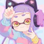  1girl animal_ear_headphones animal_ears aqua_sweater bangs cat_ear_headphones fake_animal_ears hand_on_headphones headphones heart inkling inkling_girl looking_at_viewer mikoshiba_m pink_background pink_sweater purple_hair sleeves_past_wrists smile splatoon_(series) sweater tentacle_hair thick_eyebrows upper_body yellow_eyes 