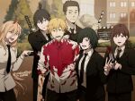  3boys 3girls bangs black_hair black_jacket black_necktie blonde_hair blood blood_on_clothes blood_on_face blood_on_hands blood_on_weapon blue_eyes brown_hair chainsaw_man clapperboard collared_shirt cosiecottage cross-shaped_pupils denji_(chainsaw_man) eyepatch fake_blood formal glint hayakawa_aki higashiyama_kobeni highres himeno_(chainsaw_man) hirokazu_arai_(chainsaw_man) holding holding_knife horns jacket katana knife long_hair looking_at_viewer mole mole_under_eye mole_under_mouth multiple_boys multiple_girls multiple_moles necktie open_mouth outdoors pointing pointing_at_another power_(chainsaw_man) red_horns red_necktie scar scar_on_cheek scar_on_face sharp_teeth shirt shirt_tucked_in short_hair sleeves_rolled_up sling smile suit sword symbol-shaped_pupils teeth topknot twitter_username v weapon weapon_on_back white_shirt yellow_eyes 