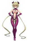  1girl aged_up ass_visible_through_thighs blonde_hair blue_eyes breasts carol_malus_dienheim closed_mouth clothing_cutout elbow_gloves gloves highres large_breasts long_hair looking_at_viewer mole mole_under_eye navel navel_cutout senki_zesshou_symphogear shiny shiny_hair shiny_skin simple_background smile solo standing syunzou twintails very_long_hair white_background 