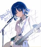  1girl bangs bass_guitar black_ribbon black_skirt blue_hair bocchi_the_rock! collared_shirt hair_ornament highres holding holding_instrument instrument layered_sleeves liyu215722 long_sleeves looking_at_viewer microphone mole mole_under_eye music neck_ribbon playing_instrument pleated_skirt ribbon school_uniform shirt shirt_tucked_in short_hair short_over_long_sleeves short_sleeves skirt solo sparkle white_background white_shirt yamada_ryou yellow_eyes 