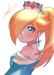 1girl blonde_hair blue_dress blue_eyes crown dress earrings hair_over_one_eye highres jewelry long_hair looking_at_viewer mario_(series) nonoworks off-shoulder_dress off_shoulder parted_lips ponytail rosalina signature single_earring solo star_(symbol) star_earrings super_mario_galaxy white_background 