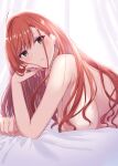  1girl 777nasu ahoge arisugawa_natsuha bed_sheet black_eyes breasts commentary_request curtains earrings fingernails highres idolmaster idolmaster_shiny_colors jewelry large_breasts long_hair looking_at_viewer lying nude on_bed on_stomach orange_hair solo 