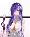  1girl breasts cleavage collar cup dana_(hapong07) drinking_glass earrings flower genshin_impact hair_flower hair_ornament hair_over_shoulder highres holding jewelry large_breasts long_hair long_sleeves looking_at_viewer mole mole_under_eye nail_polish no_bra parted_lips purple_eyes purple_hair purple_nails raiden_shogun shirt sidelocks solo upper_body white_shirt wide_sleeves wine_glass 