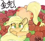  2016 apple applejack_(mlp) blonde_hair blush bow2yourwaifu_(artist) butt cutie_mark digital_drawing_(artwork) digital_media_(artwork) earth_pony equid equine female feral friendship_is_magic green_eyes hair hasbro horse japanese_text lying mammal my_little_pony on_front orange_body pinup pony pose seductive solo text waifu 