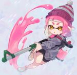  1girl :o bangs beanie black_shorts grey_sweater hat highres ink_tank_(splatoon) inkling inkling_girl long_sleeves mikoshiba_m pink_hair pointy_ears shoes short_hair short_shorts shorts sneakers splashing splat_charger_(splatoon) splatoon_(series) sweater tentacle_hair v-shaped_eyebrows white_background white_footwear yellow_eyes 