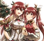  2girls :d artist_name bangs bare_shoulders cape cordelia_(fire_emblem) detached_sleeves fake_antlers fire_emblem fire_emblem_awakening fire_emblem_fates fire_emblem_heroes hair_between_eyes holding holding_ornament holding_polearm holding_weapon long_hair looking_at_viewer mistletoe_hair_ornament mother_and_daughter multiple_girls official_alternate_costume open_mouth pochi_(furaigonn) polearm red_eyes red_hair selena_(fire_emblem_fates) severa_(fire_emblem) smile twintails upper_body weapon white_cape 