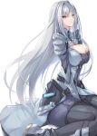  1girl arm_guards armor bangs between_legs black_footwear blue_eyes bodysuit boots breasts chest_tattoo cleavage_cutout clothing_cutout coat covered_navel ethel_(xenoblade) grey_coat grey_hair hair_intakes hand_between_legs highres inoue_takuya_(tactactak) large_breasts long_hair long_sleeves looking_at_viewer parted_lips shoulder_armor sitting tattoo thigh_boots wariza white_background xenoblade_chronicles_(series) xenoblade_chronicles_3 