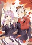  2girls absurdres animal_ears arm_support autumn autumn_leaves bangs baozi bench black_coat blunt_bangs blush breasts bright_pupils coat commentary_request ear_covers falling_leaves food foot_out_of_frame gloves gloves_removed gold_ship_(umamusume) grey_hair grin hands_up highres horse_ears horse_tail large_breasts leaf looking_at_another maple_leaf mejiro_mcqueen_(umamusume) multiple_girls open_mouth petticoat pink_eyes pleated_skirt purple_eyes purple_hair red_gloves red_scarf revision scarf sitting skirt smile steam tail teeth thighhighs tree umamusume usukawa_(uskw_sr) v-shaped_eyebrows white_pupils white_thighhighs 