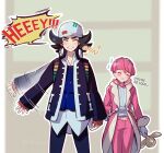  2boys afterimage bangs black_hair black_pants blue_vest blush closed_eyes coat collared_shirt commentary_request giacomo_(pokemon) grin hat jacket long_sleeves lu_(sa17_71) male_focus motion_lines multiple_boys neck_ribbon open_clothes open_coat open_jacket ortega_(pokemon) pants parted_lips pink_coat pink_hair pink_pants pointy_hair pokemon pokemon_(game) pokemon_sv ribbon shirt short_hair smile team_star vest 