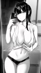  1girl absurdres blush breasts cellphone clothes_lift collarbone greyscale hair_intakes heart heart-shaped_pupils highres large_breasts long_hair lynus mirror monochrome naoko-san navel original panties phone reflection selfie shirt_lift smartphone solo symbol-shaped_pupils tank_top thigh_gap underwear 