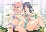  2girls :q arm_strap bangs bare_shoulders black_hair blue_eyes blush breasts cleavage closed_mouth collarbone commentary_request double_bun green_eyes hair_bun large_breasts long_hair long_sleeves looking_at_viewer multiple_girls navel one_eye_closed original pink_hair riichu sitting smile stomach thigh_strap thighs tongue tongue_out window wings 