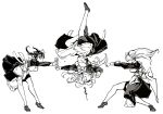  &gt;_&lt; 3girls apron attack chun-li closed_eyes endou_okito fatal_fury frills greyscale highres jumping long_hair looking_at_another maid_headdress monochrome morrigan_aensland multiple_girls original outstretched_arms scene_reference stance street_fighter terry_bogard the_king_of_fighters tiptoes twintails upside-down vampire_(game) 