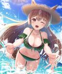  1girl :d absurdres animal_ears ass_visible_through_thighs bangs bikini blue_sky breasts brown_hair cleavage cloud commentary_request frilled_bikini frills green_bikini hair_ornament hat highres horse_ears horse_girl horse_tail long_hair looking_at_viewer navel ocean one_eye_closed open_mouth outdoors red_eyes satono_diamond_(umamusume) sky smile splashing standing stomach straw_hat sun sunlight swimsuit tail teeth thigh_gap umamusume upper_teeth wading wanderlucia water water_drop 