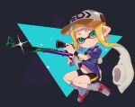  1girl bangs belly black_shorts blonde_hair blue_shirt brown_headwear frown green_eyes grey_background gun hat highres holding holding_gun holding_weapon inkling inkling_girl long_hair looking_at_viewer mikoshiba_m pointy_ears red_footwear shiny shirt short_shorts short_sleeves shorts socks splat_charger_(splatoon) splatoon_(series) tentacle_hair weapon white_socks 