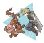  1girl 2boys aerith_gainsborough animal armor bangle bangs belt blonde_hair blue_pants blue_shirt boots bracelet braid braided_ponytail brown_footwear brown_hair buster_sword chocosan_69 closed_eyes cloud_strife cropped_jacket dress facial_mark final_fantasy final_fantasy_vii full_body gloves hair_ribbon jacket jewelry long_dress long_hair looking_at_another multiple_boys open_mouth orange_fur pants parted_bangs pink_dress pink_ribbon puffy_short_sleeves puffy_sleeves red_hair red_jacket red_xiii ribbon scar scar_across_eye shirt short_hair short_sleeves shoulder_armor sidelocks smile spiked_hair suspenders weapon weapon_on_back 