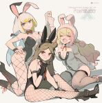  3girls :d animal_ears black_leotard blonde_hair blue_eyes breasts brown_eyes brown_hair cleavage_cutout closed_eyes clothing_cutout copyright_request fang fishnet_pantyhose fishnets hand_on_hip highres holding_hands large_breasts leotard long_hair mole mole_under_eye multicolored_hair multiple_girls pantyhose playboy_bunny rabbit_ears red_nails sitting smile strapless strapless_leotard streaked_hair tennohi virtual_youtuber white_hair white_leotard yokozuwari 